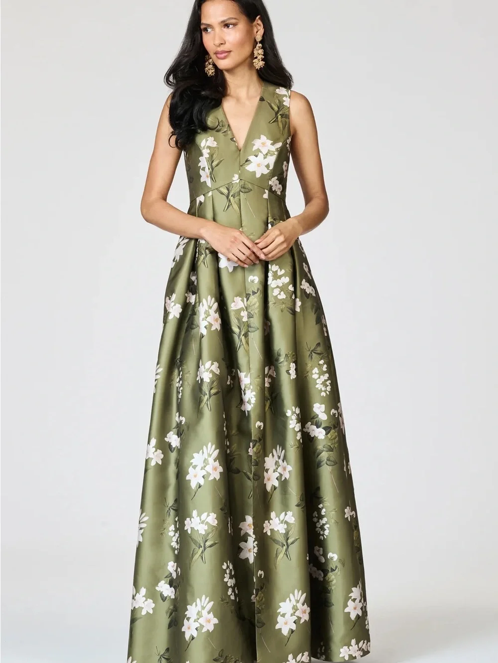 Sachin & Babi Sz 4 Moss Formosa Olive Green Floral V-Neck Maxi Dress Brooke Gown - Picture 2 of 4
